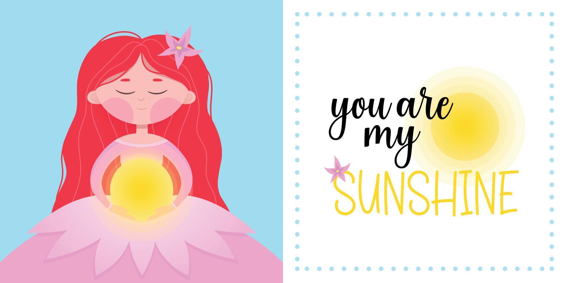 Postcard You are my sunshine. Girl with the sun in her hands. Cute girl with red hair. vector