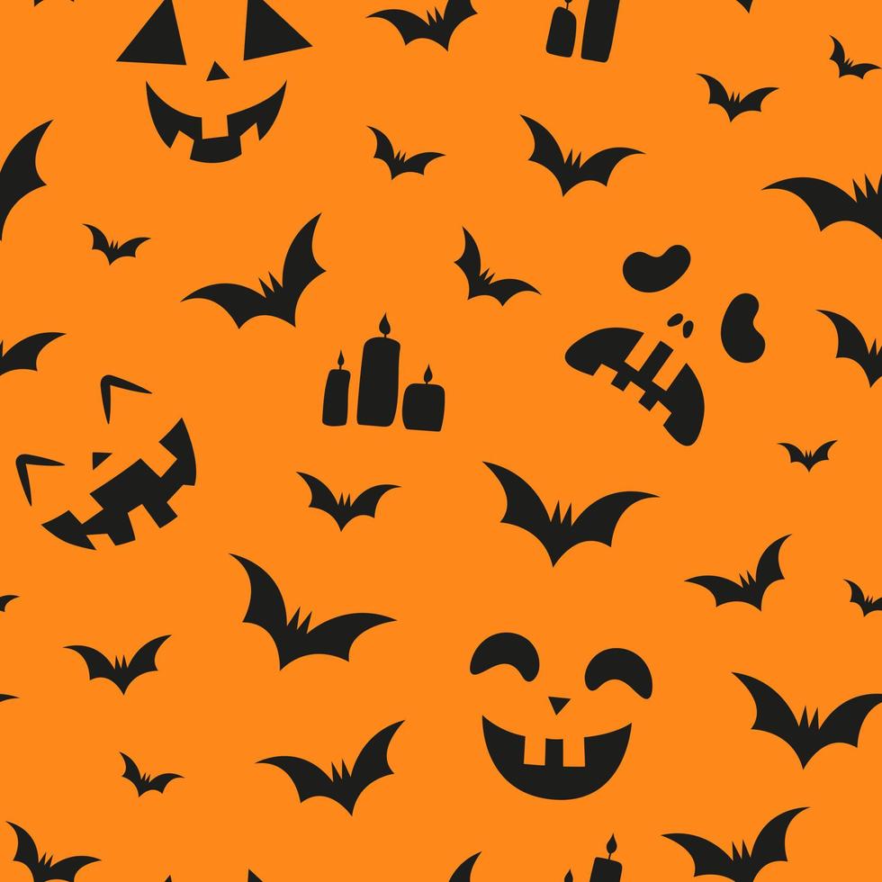 Seamless Halloween Pattern. Funny faces. Frightened face. Bats are flying around. Candles are burning. vector