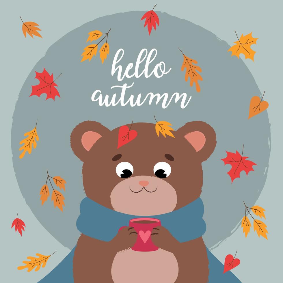 Lettering Hello Autumn. Postcard with a cute bear. vector