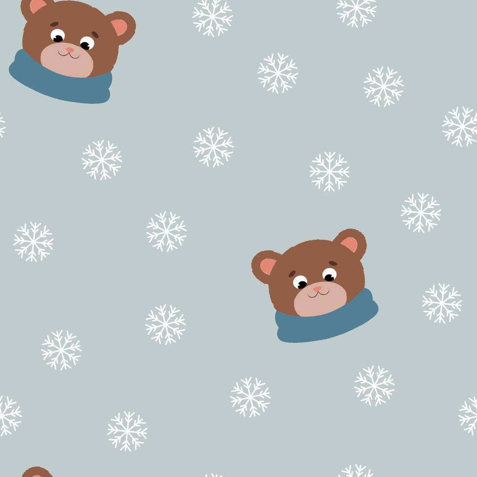 Seamless pattern with a bear in a scarf. Soft style. Cute animal. Snowfall. vector