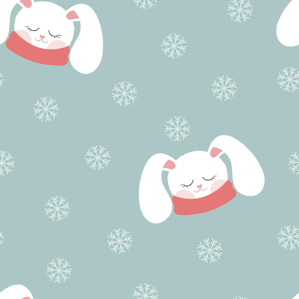 Seamless pattern with a rabbit in a scarf. Soft style. Cute animal. Snowfall. vector