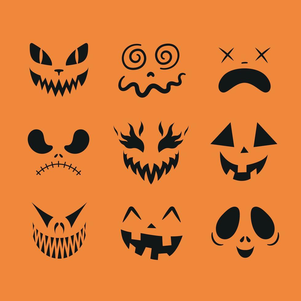 conjunto de caras de halloween. caras espeluznantes, divertidas, tristes y aterradoras. caras de calabaza caras de fantasmas parte 1. vector
