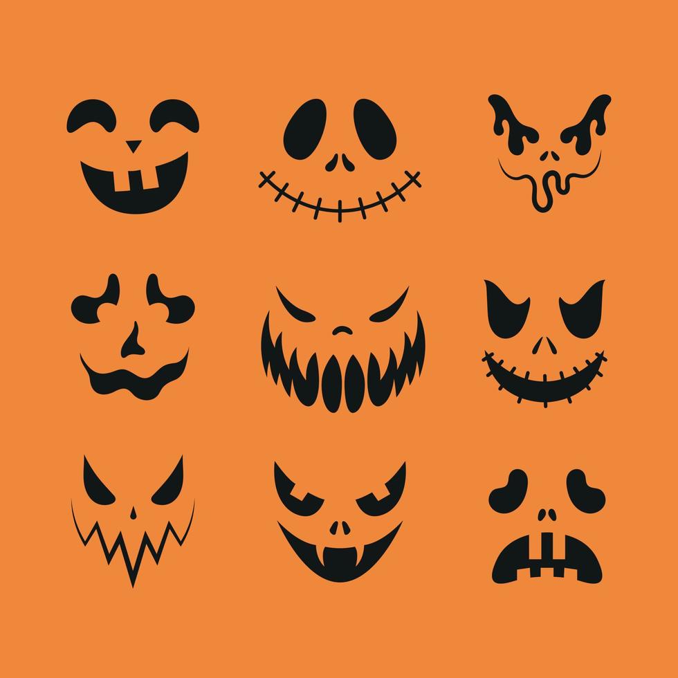 conjunto de caras de halloween. caras espeluznantes, divertidas, tristes y aterradoras. caras de calabaza caras de fantasmas parte 2. vector