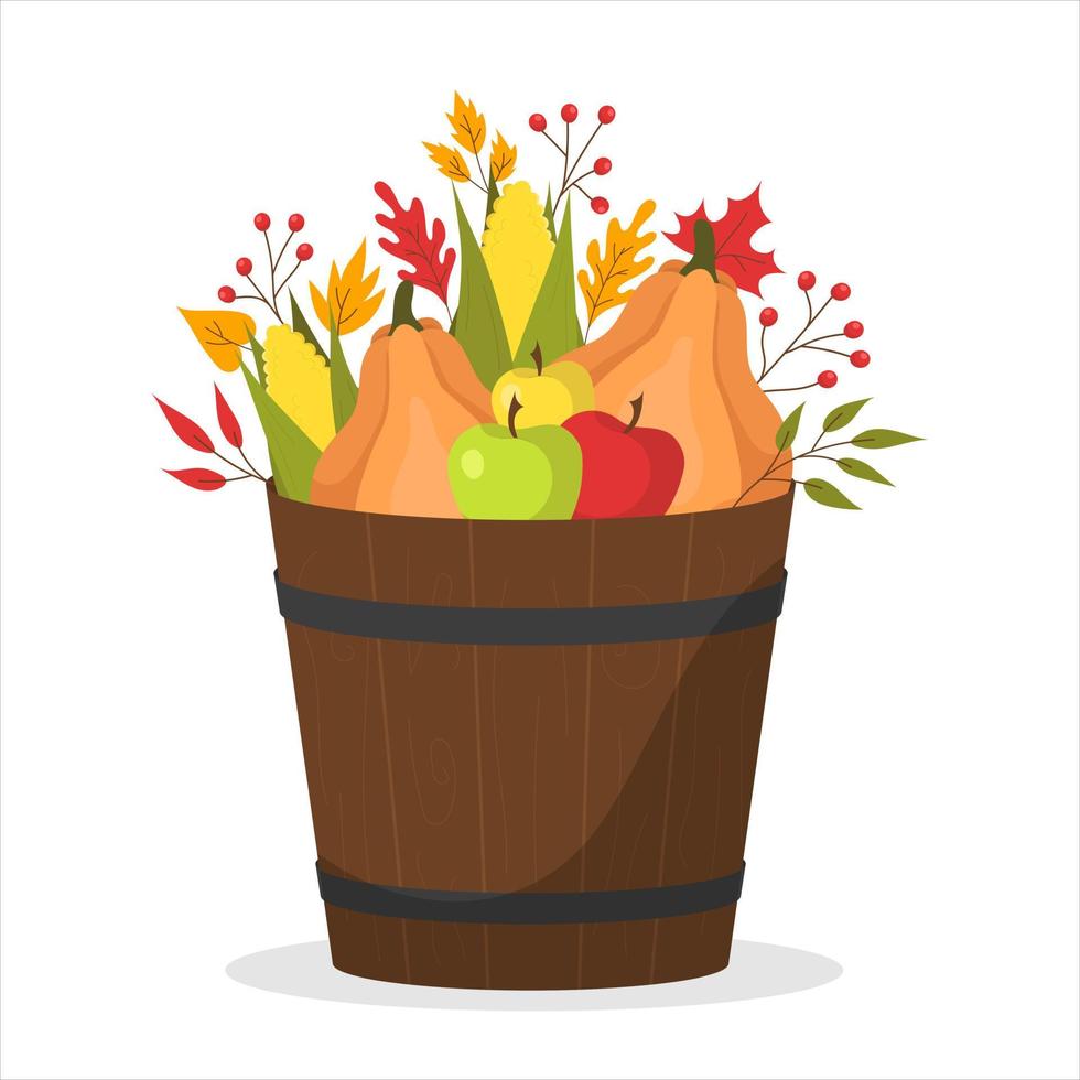 Wooden bucket with harvest. Corn, apples, pumpkins. Leaves around. vector