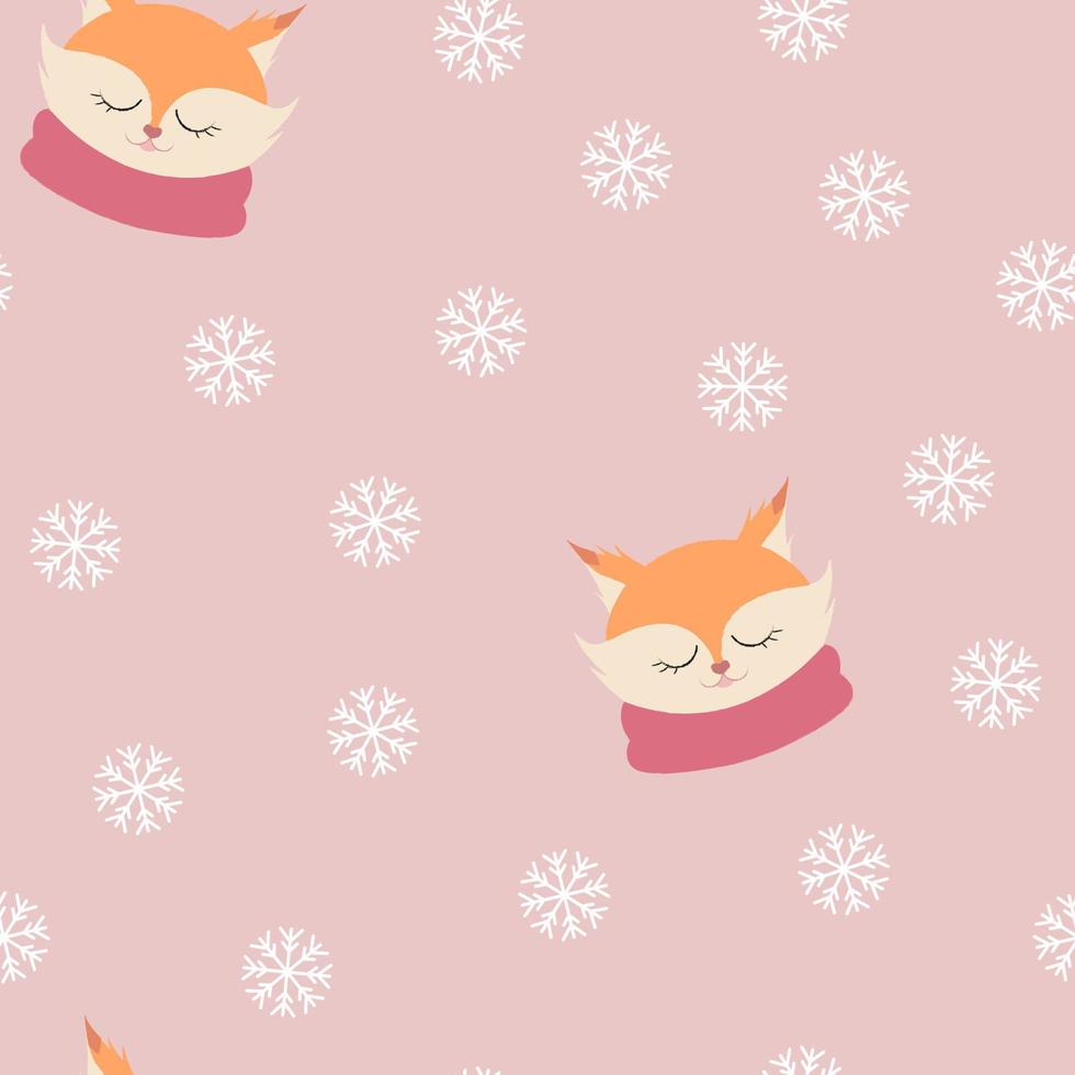Seamless pattern with a fox in a scarf. Soft style. Cute animal. Snowfall. vector