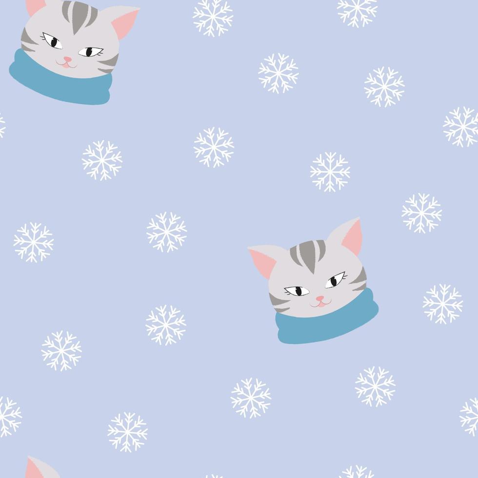 Seamless pattern with a cat in a scarf. Soft style. Cute animal. Snowfall. vector