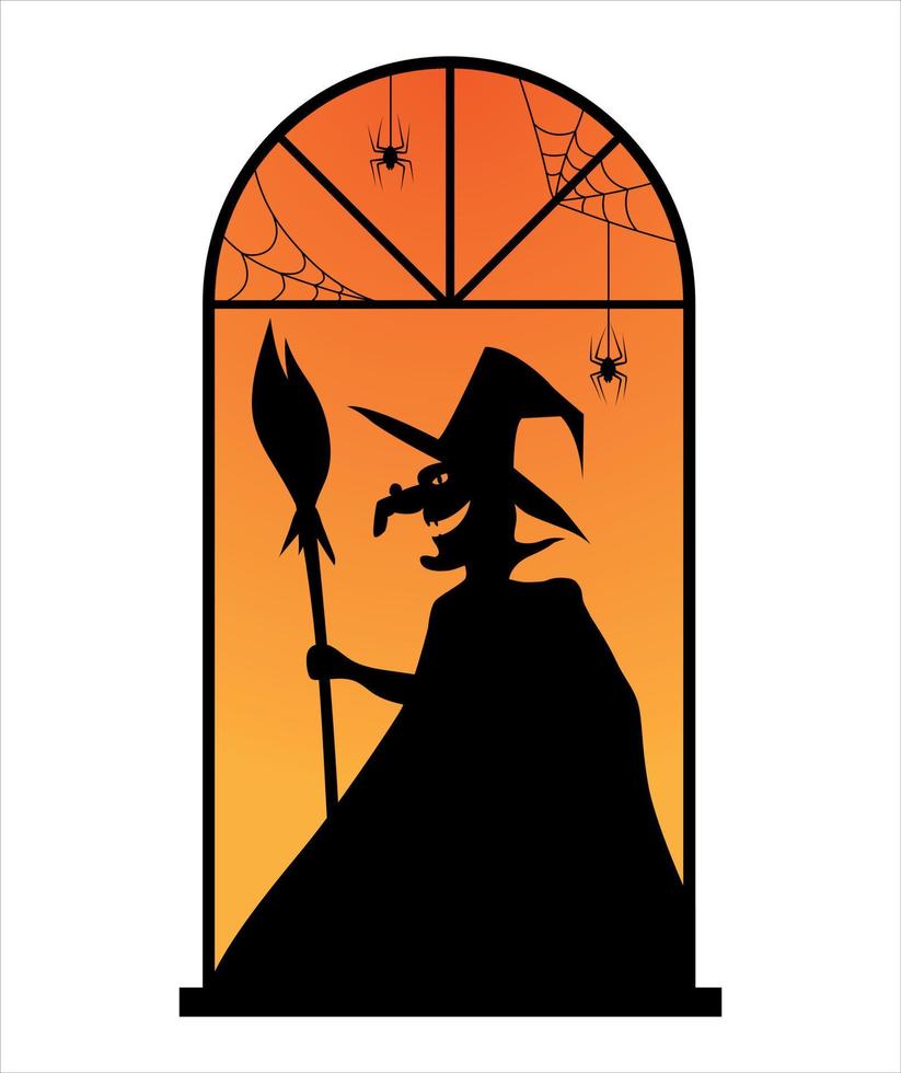 ventana de halloween la bruja está conjurando. las arañas se arrastran hacia abajo. vectorial, estilo plano. vector