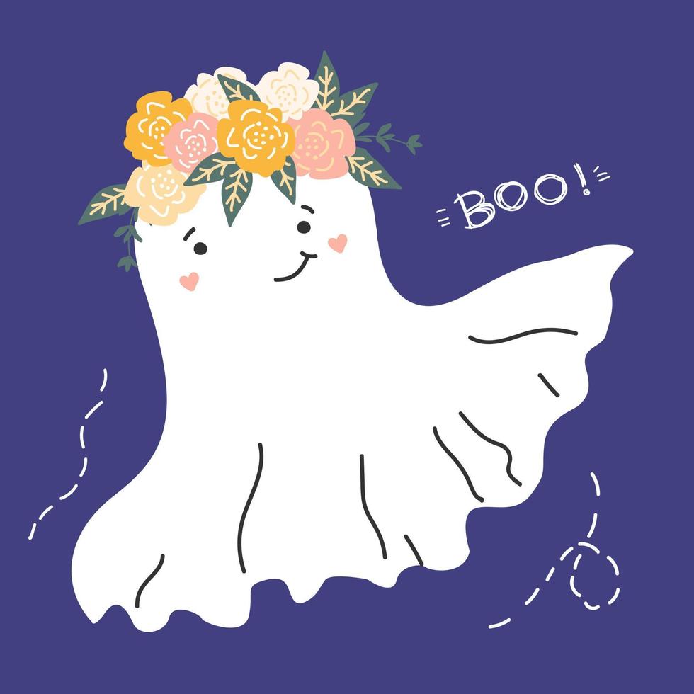 Cute smiling ghost in a flower wreath. BOO. Halloween. Vector