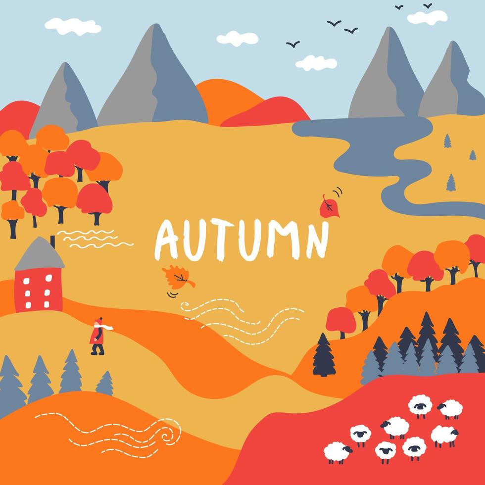 Autumn landscape. Mountains, river, hills, trees, a cozy house, a flock of sheep. vector
