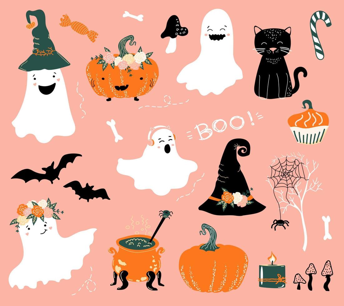 Halloween set. Cute ghosts, pumpkins, bats, black cat, bones and mushrooms. vector