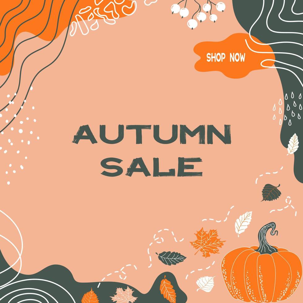 Autumn SALE. Pumpkins, fall leaves, berries, lines, curve and spots, dots. vector