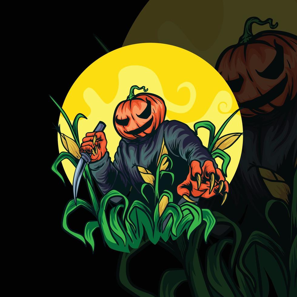 Scary Pumpkin Holding Knife Illustration vector