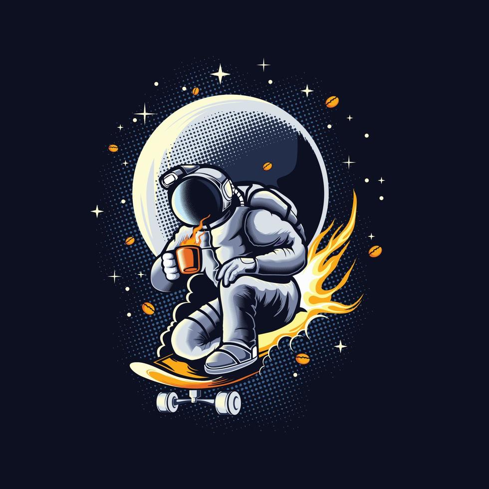 amante del café astronauta en la ilustración de patineta vector