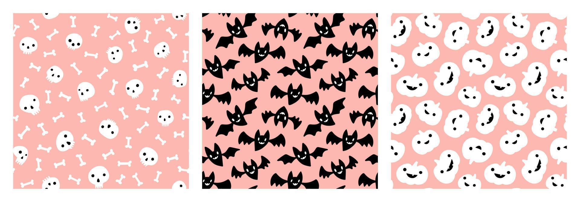 Pastel Halloween pattern set with black and white cute pumpkins, bats, skulls and bones on pink background. vector