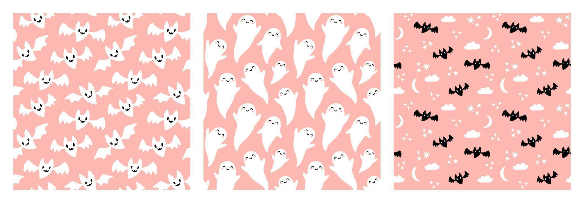 lindos murciélagos y fantasmas en blanco y negro patrón sin costuras de halloween sobre fondo rosa pastel. vector