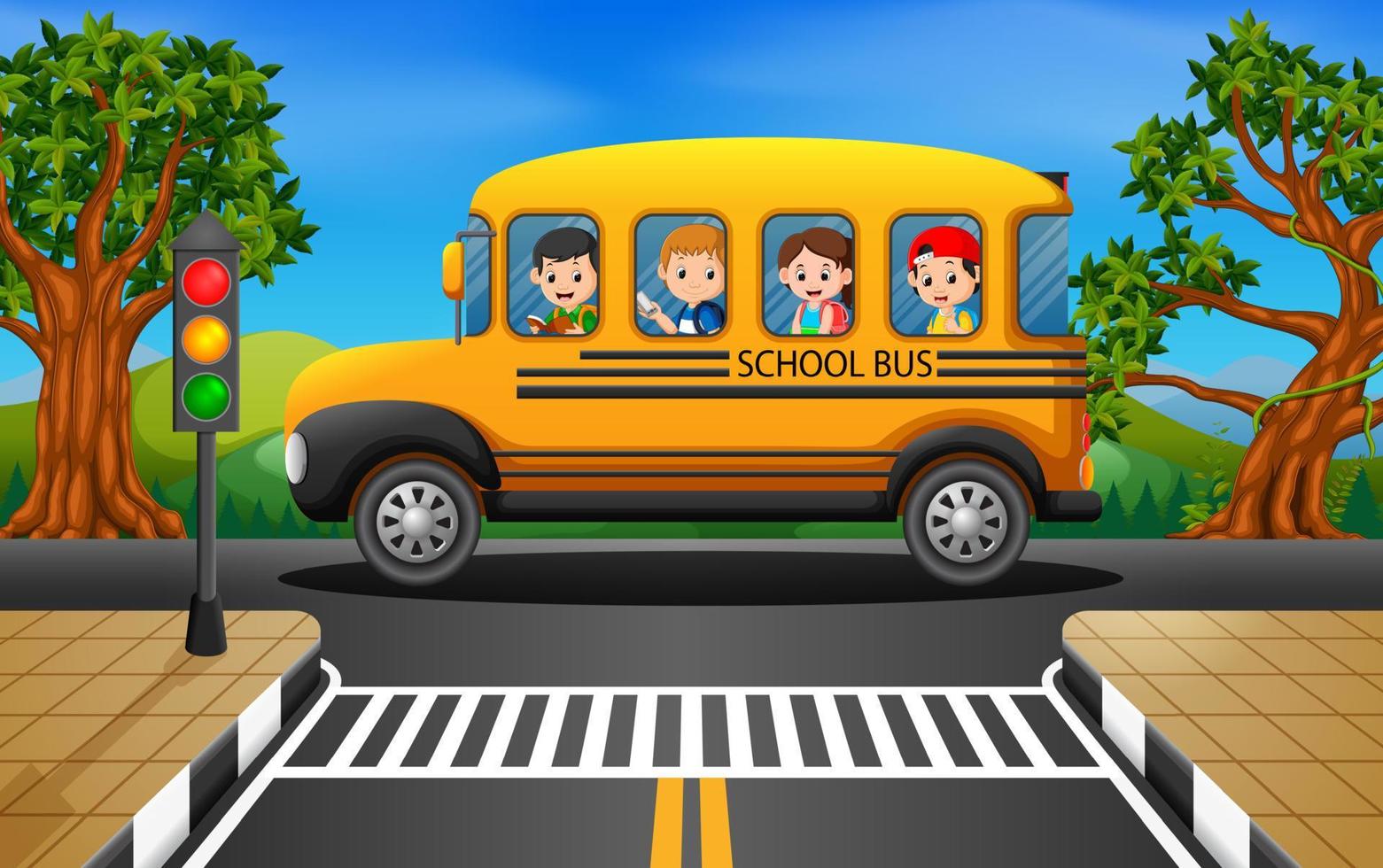 ilustración de niños de un autobús escolar vector