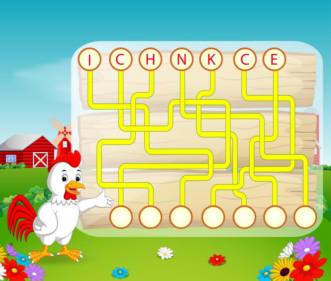 Logic puzzle game for study English with rooster vector