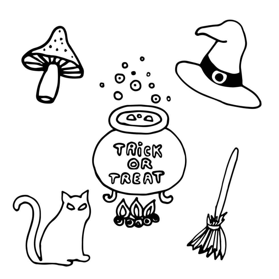 Witch halloween supplies set doodle vector illustration isolated on white