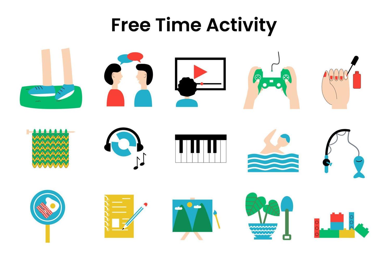 Set of free time activites illustration. Collection of icon set such as walking on the grass, chit chat, watching movie, playing video games, listening music, fishing, crochet and others vector