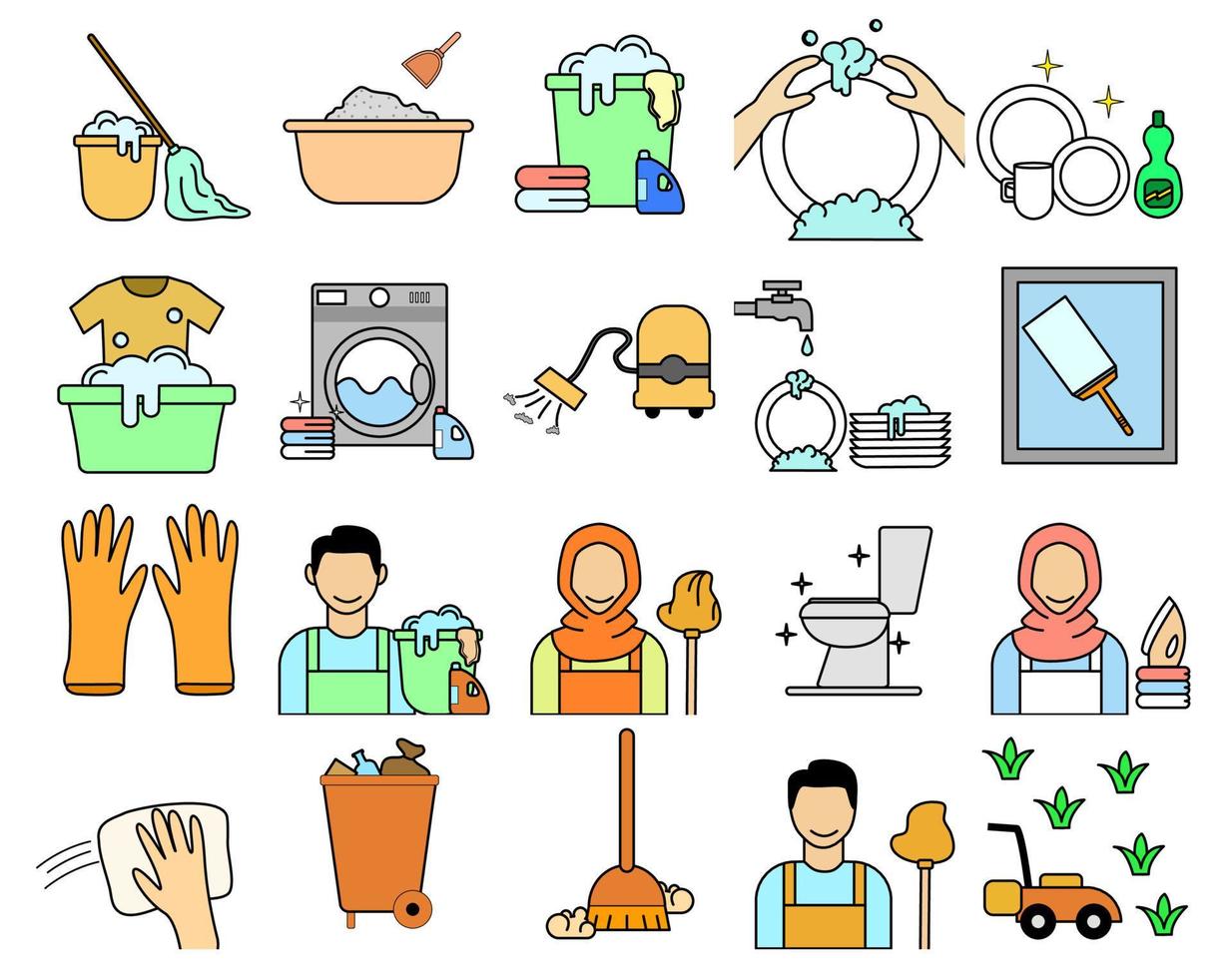 Housekeeping activity icons set. Collection of flat icons such as dish cleaning, floor mopping, cleaning window, vacuum cleaning, clean toilet and others vector