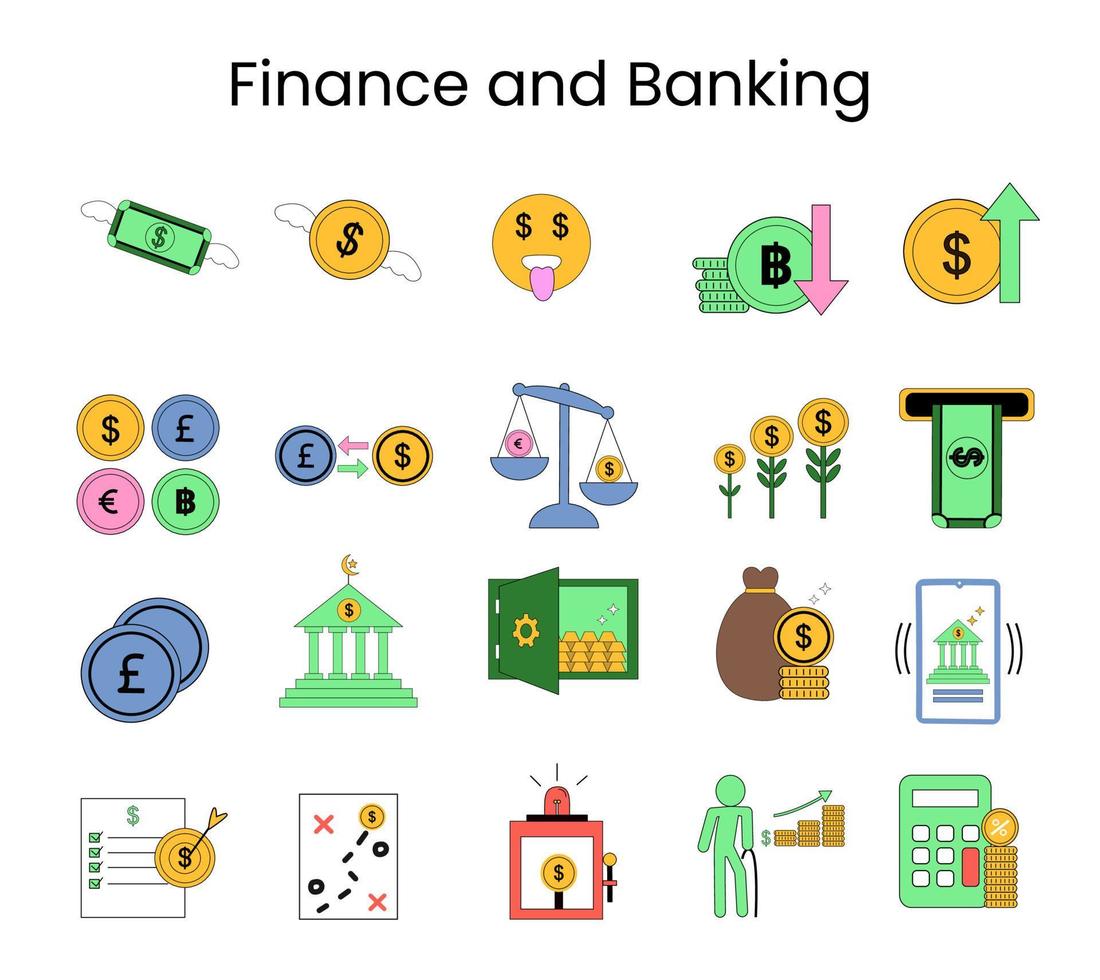 Finance and banking icon set element. Collections of illustration of money, gold, bank, crypto currency, sharia bank, financial planning, financial growth and others. Vector design of finance element.
