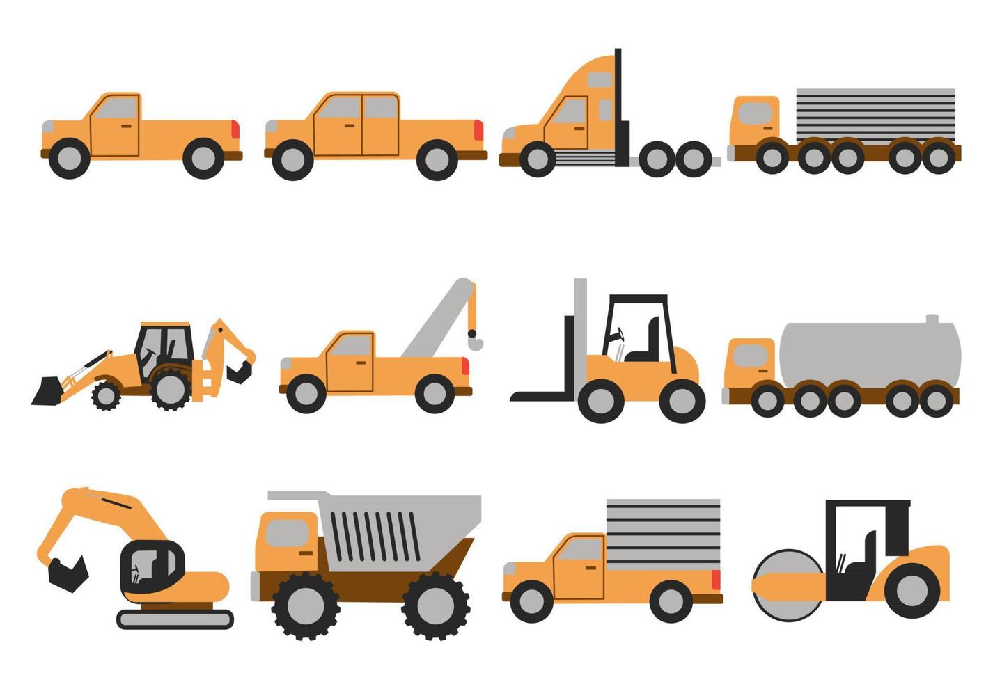 Illustration set of heavy construction and industrial vehicle. Vector of trucks, backhoe, dump trucks, trailer, forklift and others