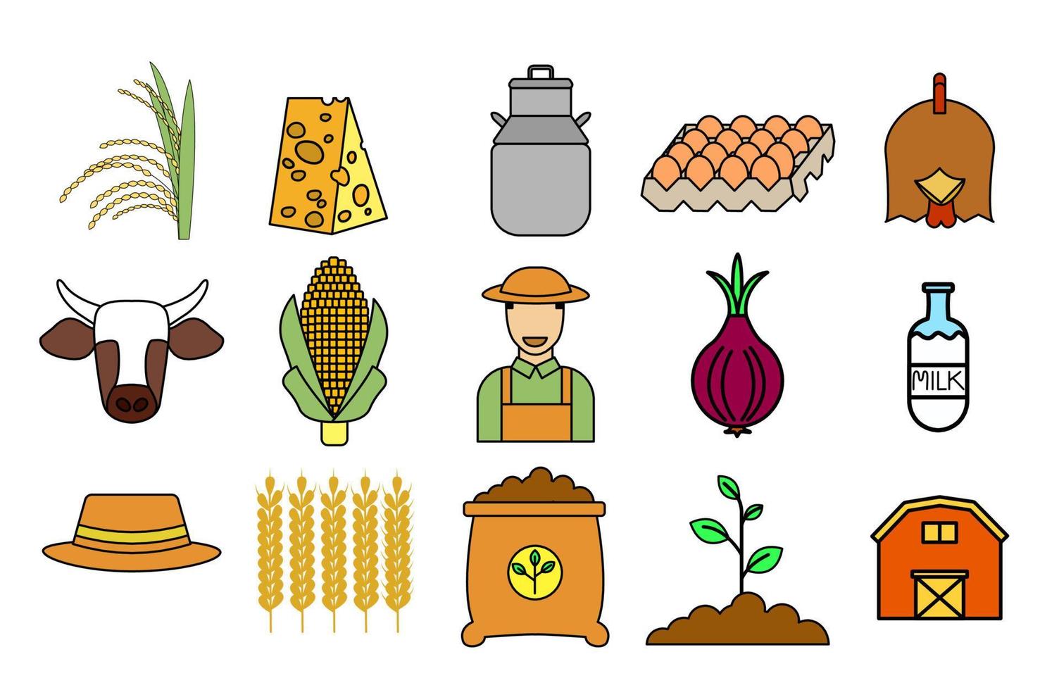 conjunto de iconos de agricultura. colección de íconos planos como, planta de arroz, maíz, planta de trigo, queso, leche, aves, huevo, vaca, fertilizante y otros vector