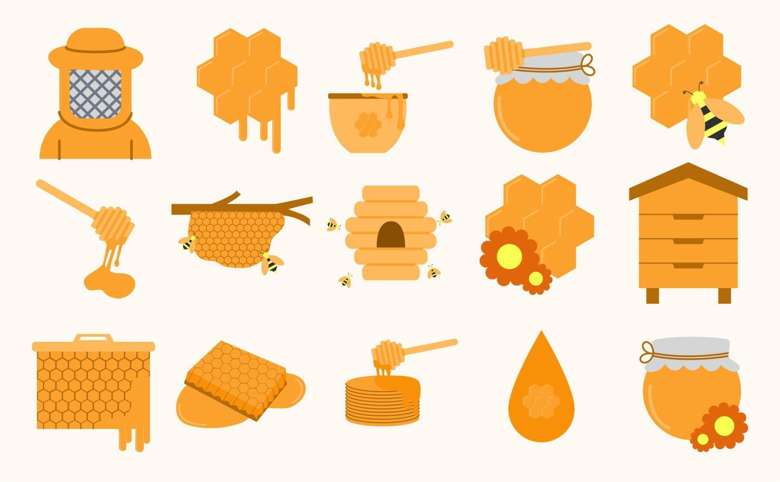 conjunto de iconos de miel y abeja. colección de íconos planos como miel, abeja, colmena, panal, cera de abeja, apicultor, nido de abeja, cuchara de miel y otros vector