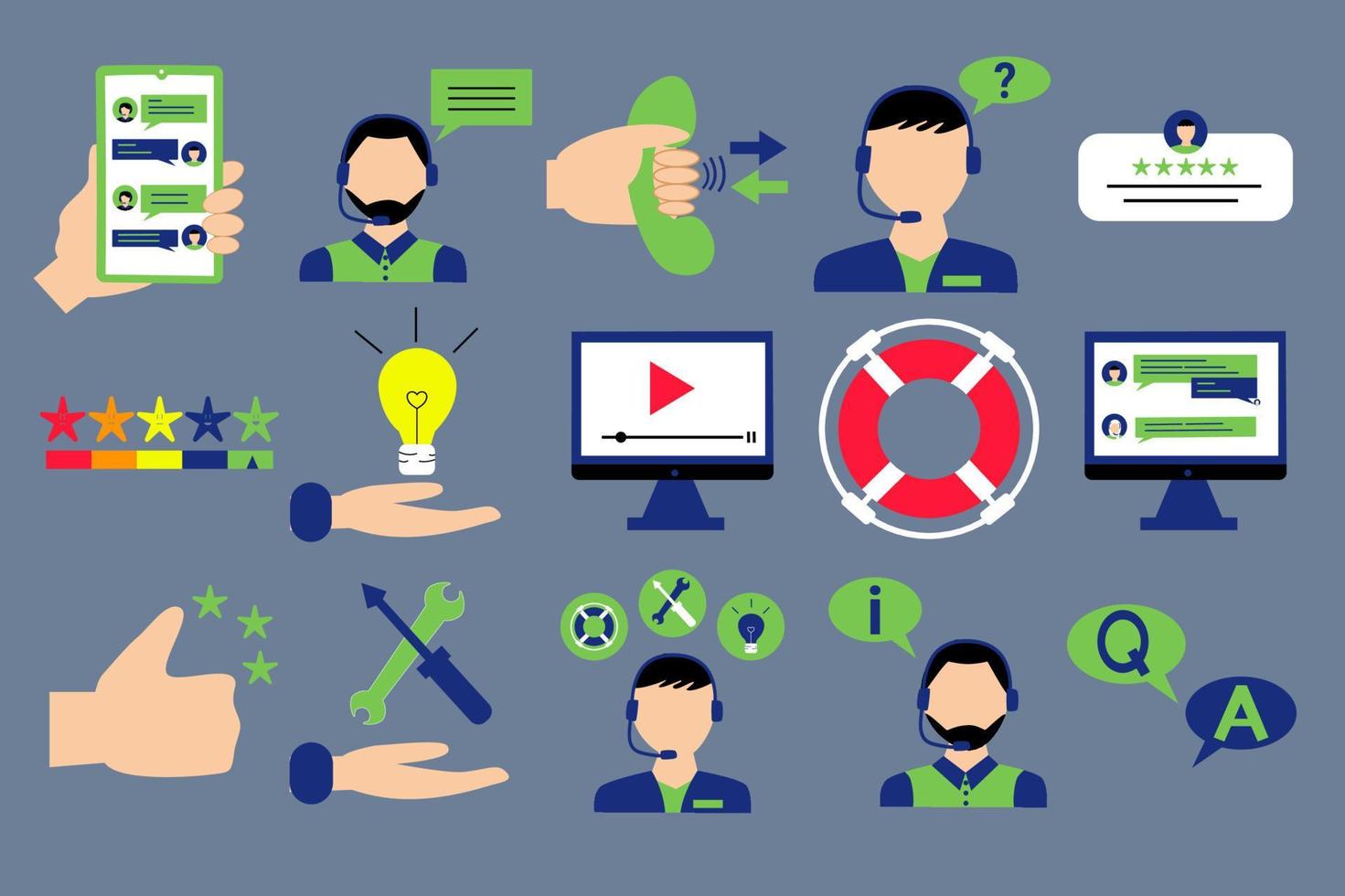 Customer support services icon set. Collection of flat icons such as forum, video tutorial, help, provide solution, FAQ, information, customer support, user feedback, testimonials and others vector