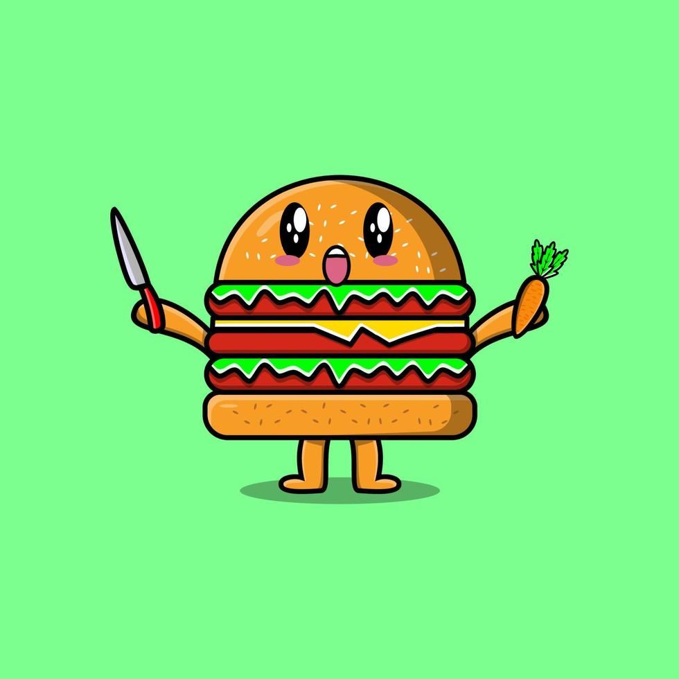 hamburguesa de dibujos animados lindo con cuchillo y zanahoria vector