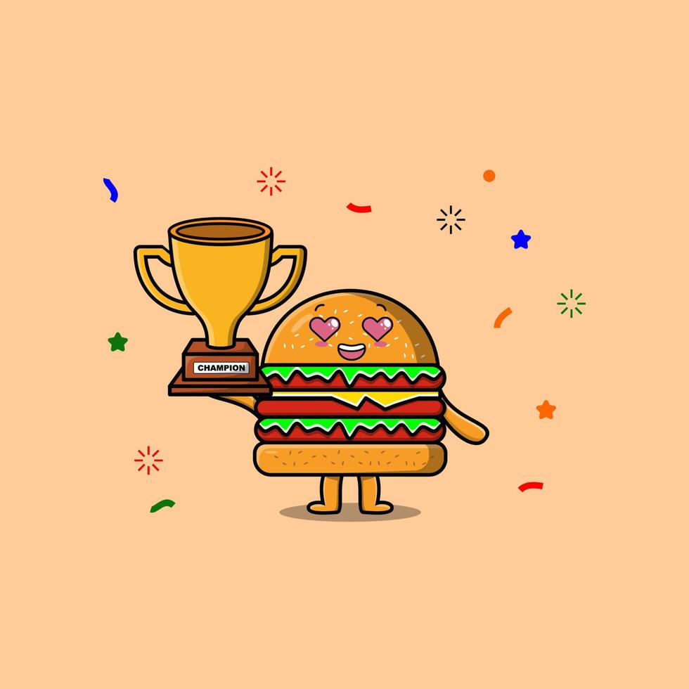 Cute Cartoon Burger is holding up golden trophy vector