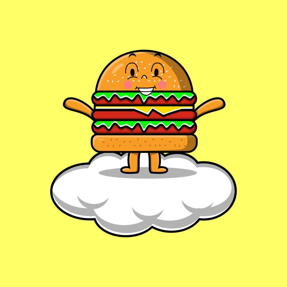 lindo personaje de hamburguesa de dibujos animados de pie en la nube vector