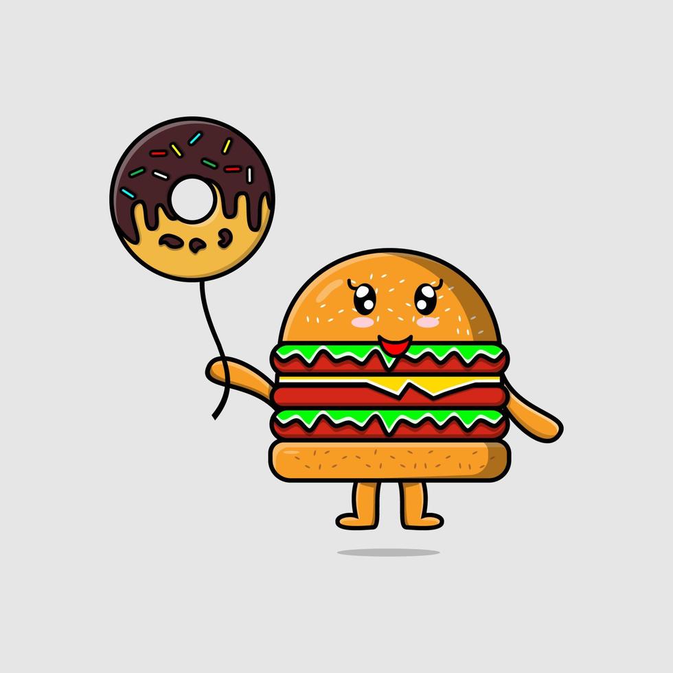 hamburguesa de dibujos animados lindo flotando con globo de donas vector