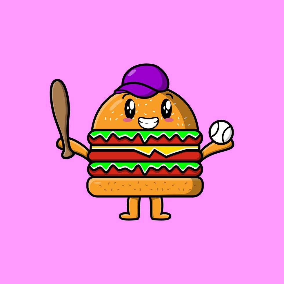 lindo personaje de hamburguesa de dibujos animados jugando béisbol vector