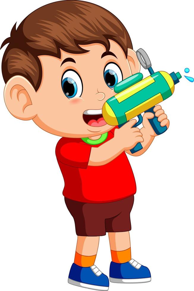 niño jugando con pistola de agua vector