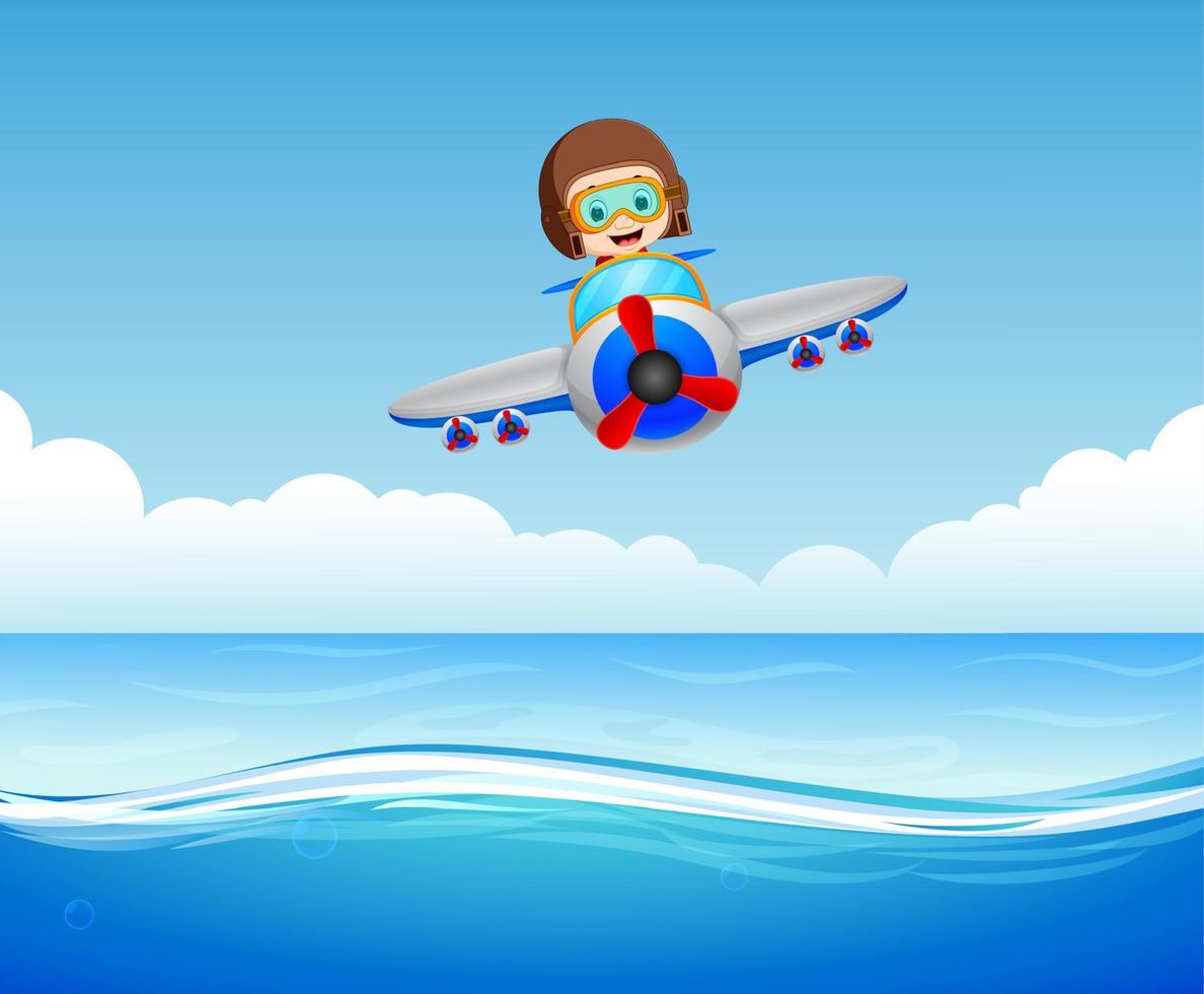 boys riding plane over sea vector