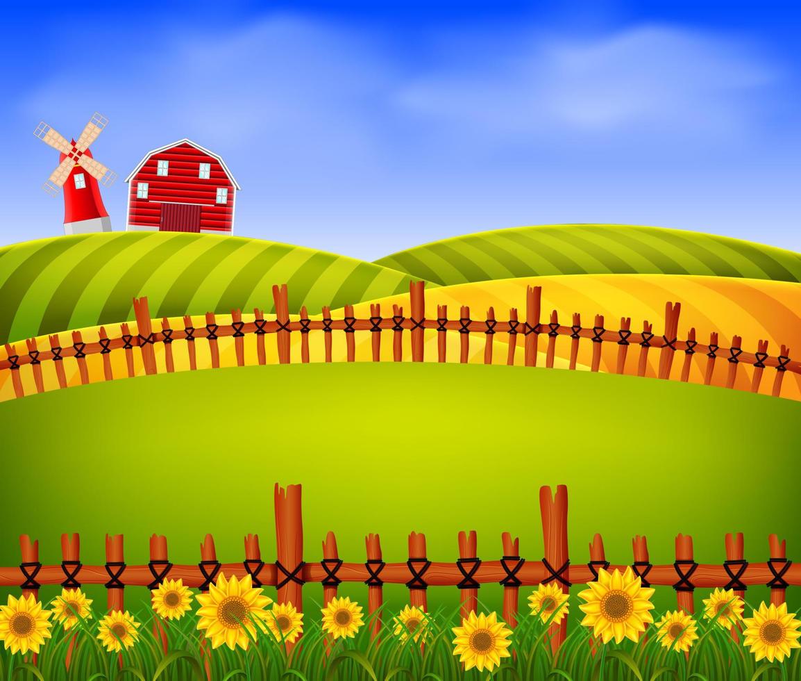 paisaje hermosa granja con granero rojo y flor vector