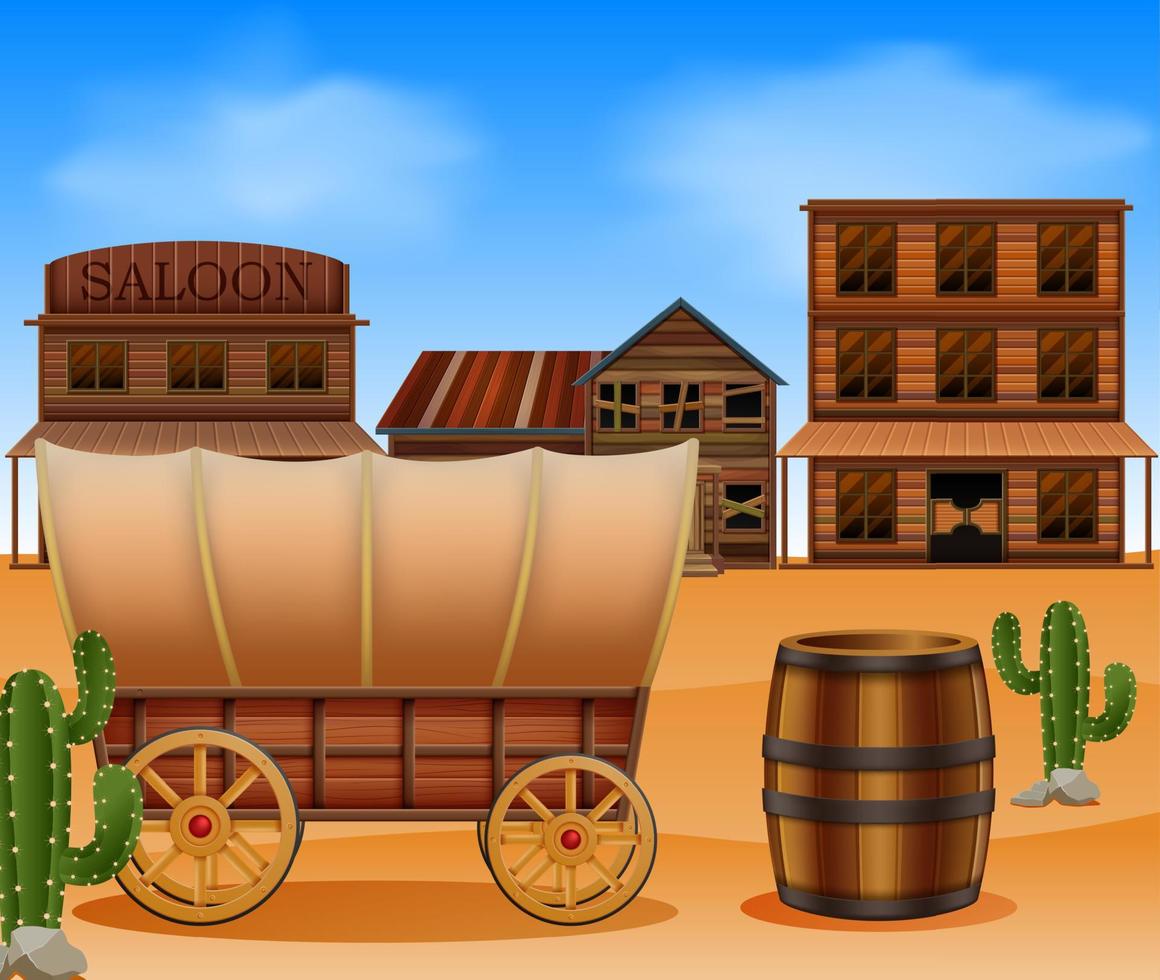 Western town with wooden wagon vector