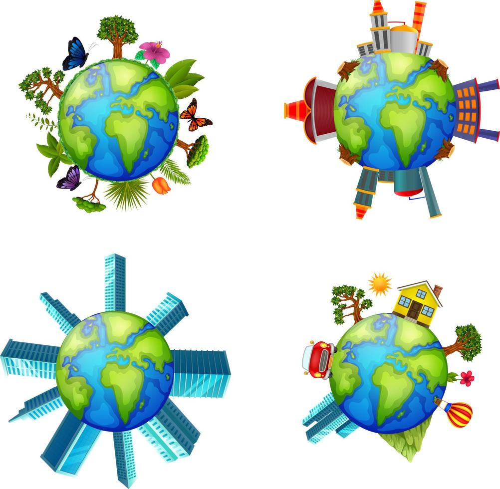 Different buildings on island around the earth vector