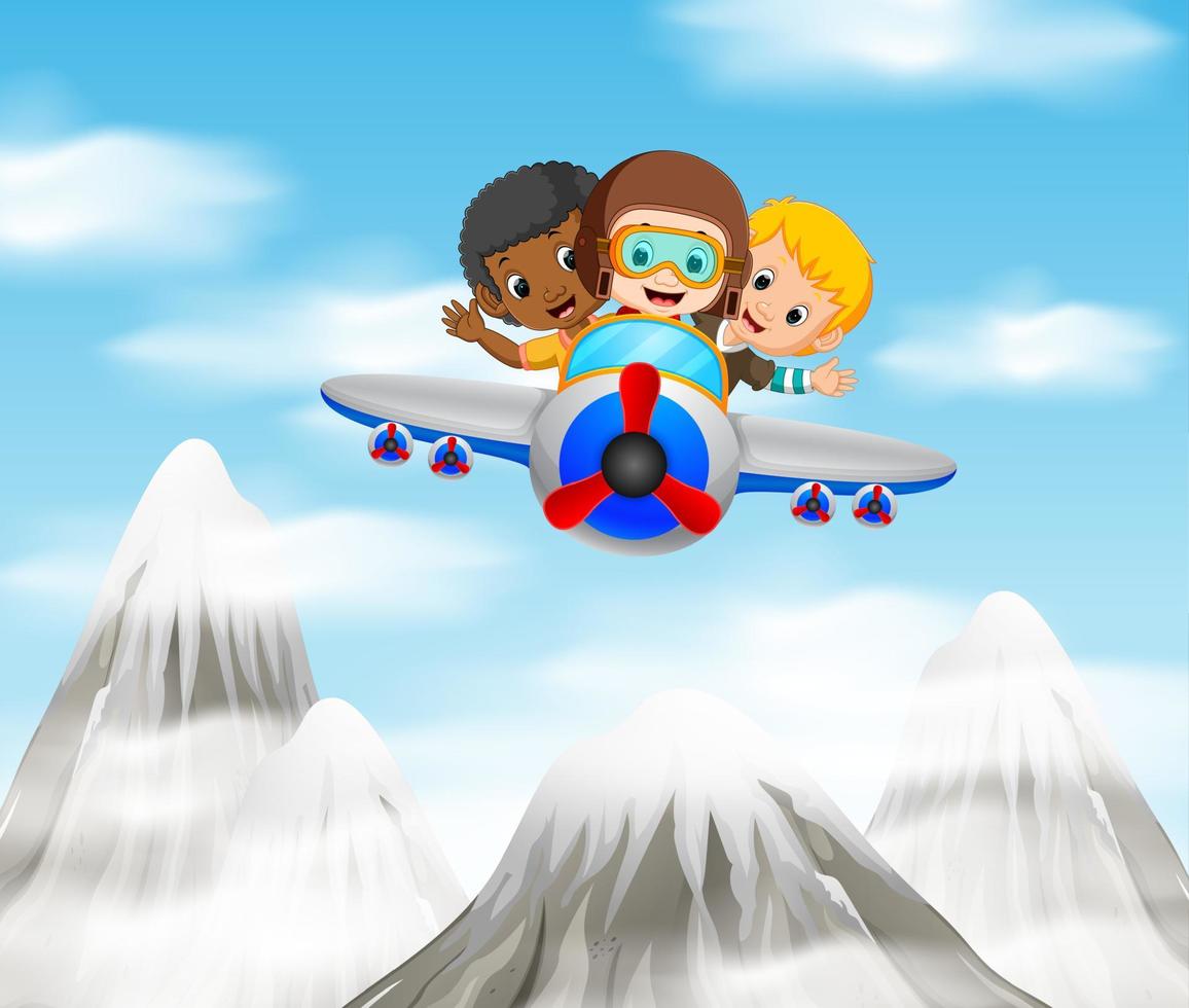 three boy riding a plane over mountain vector