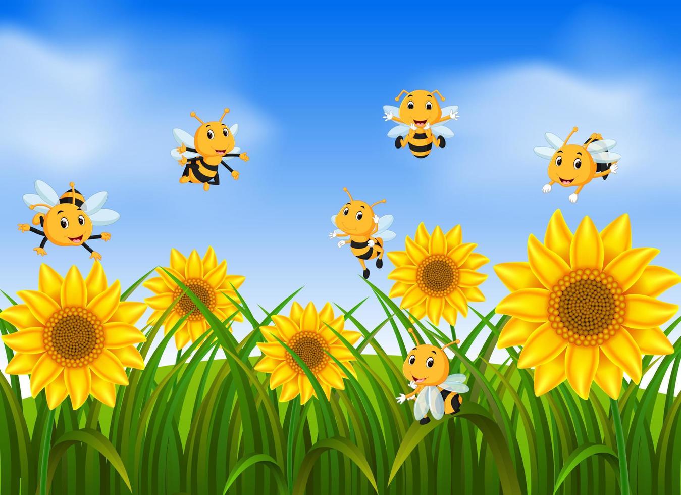 Bees flying in sunflower garden vector