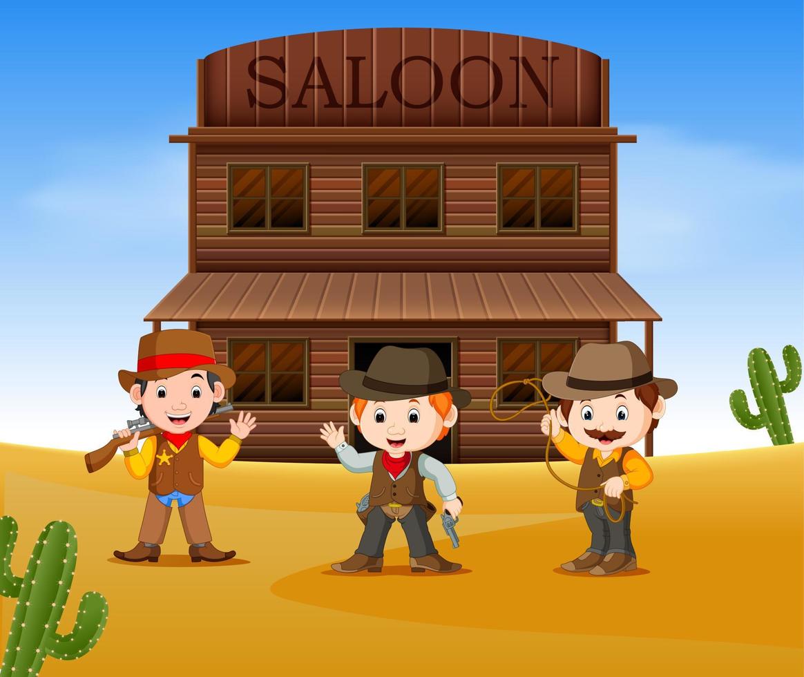 three cowboys holding gun and standing outside the saloon vector