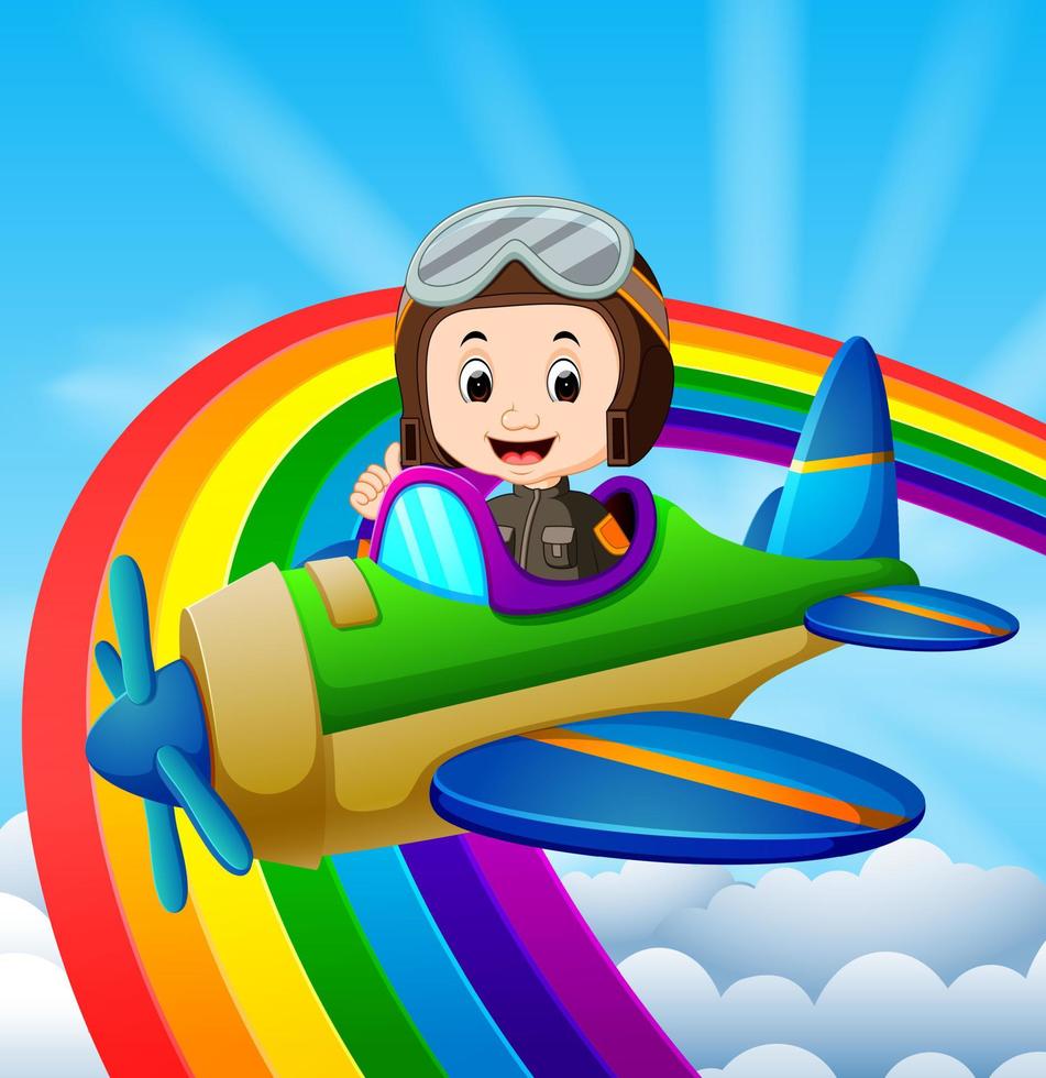 divertido piloto montando avión sobre arco iris vector