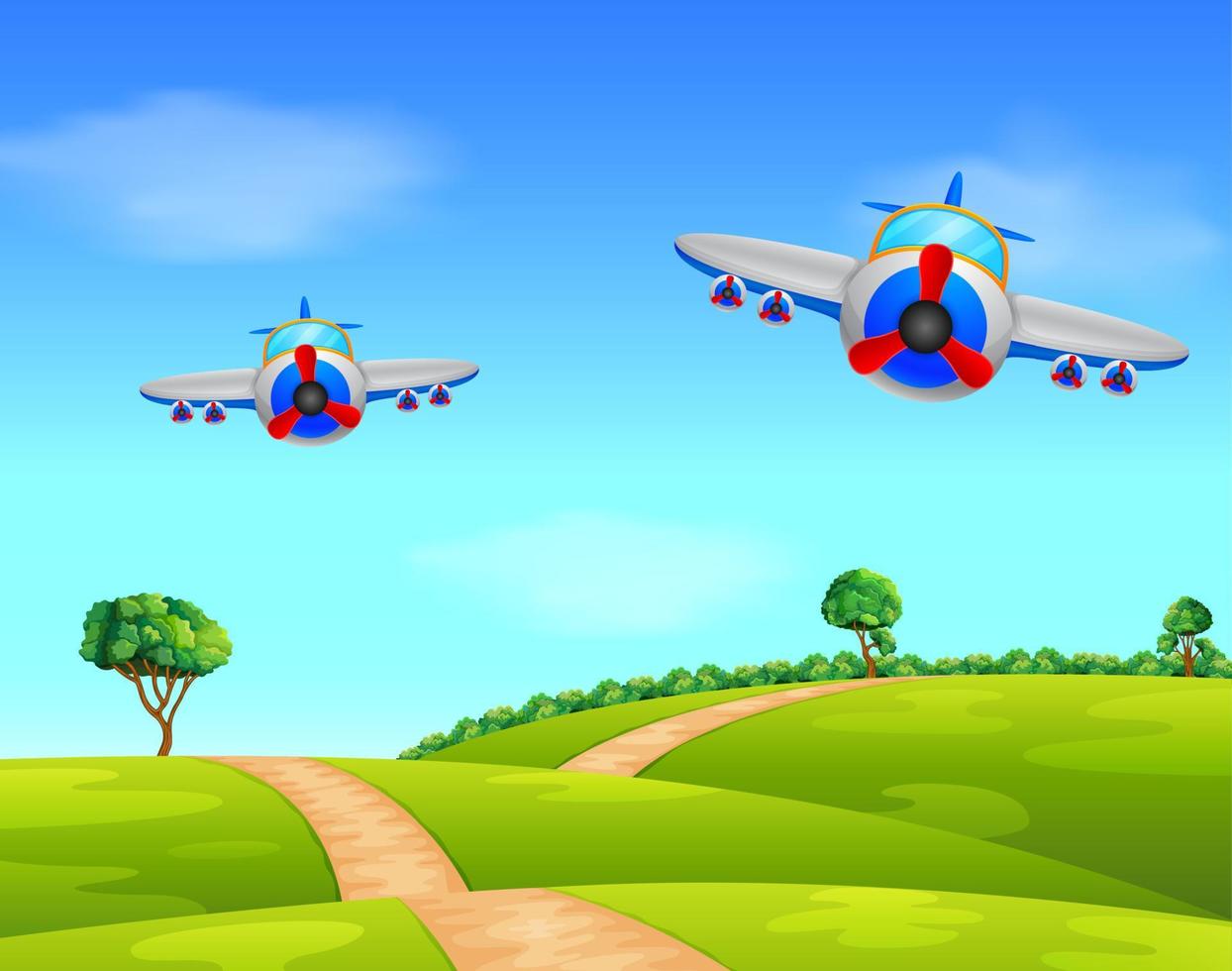 two air plane flying over field vector