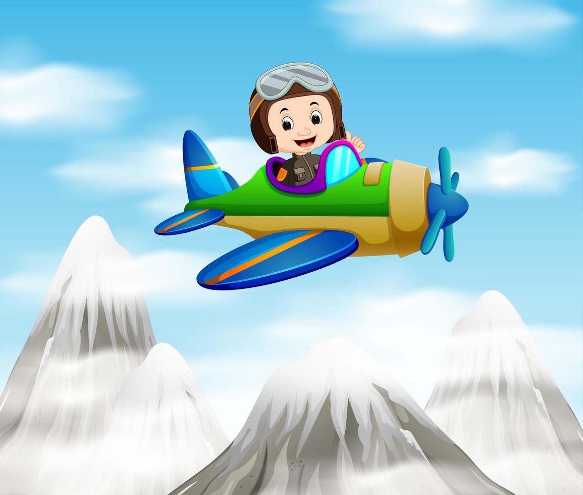 a pilot riding a plane over mountain vector