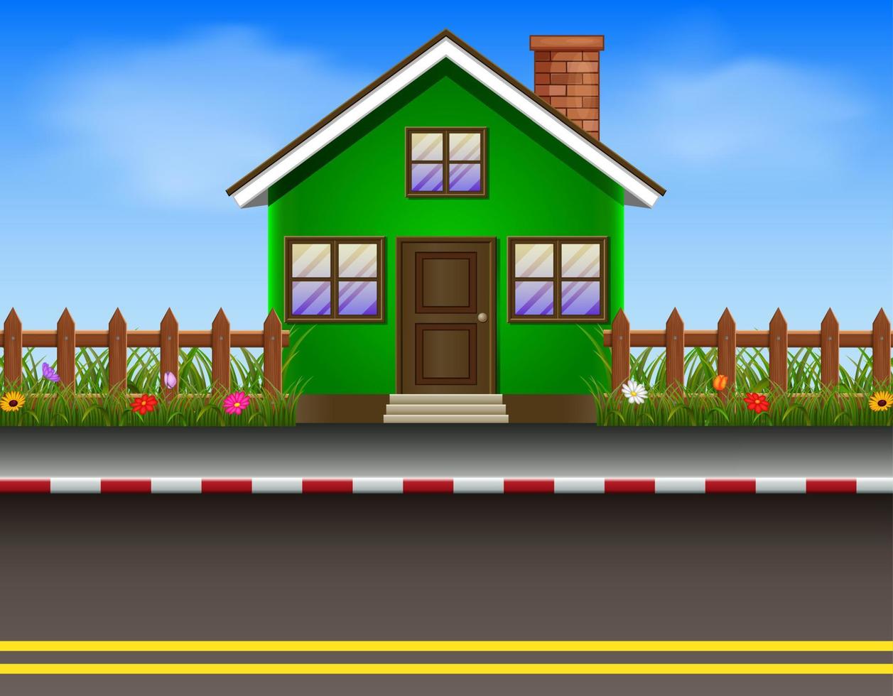 Green house with wooden fence and road vector