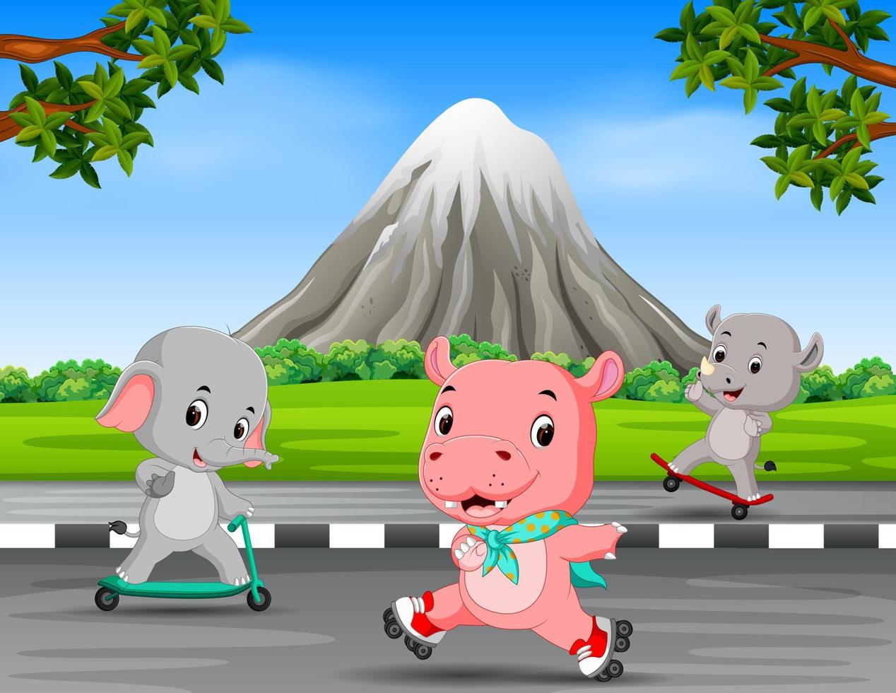 tres animales jugando en la carretera con paisajes de montaña vector