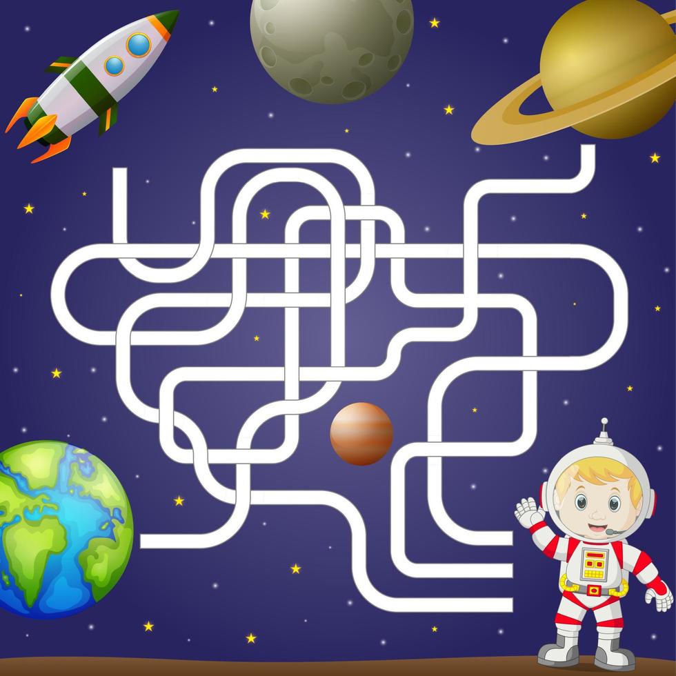 Maze game template with space and astronaut, background vector