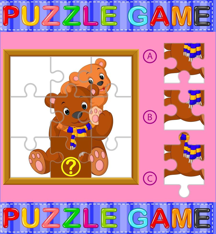 Jigsaw Puzzle Education Game for Preschool Children with bear vector