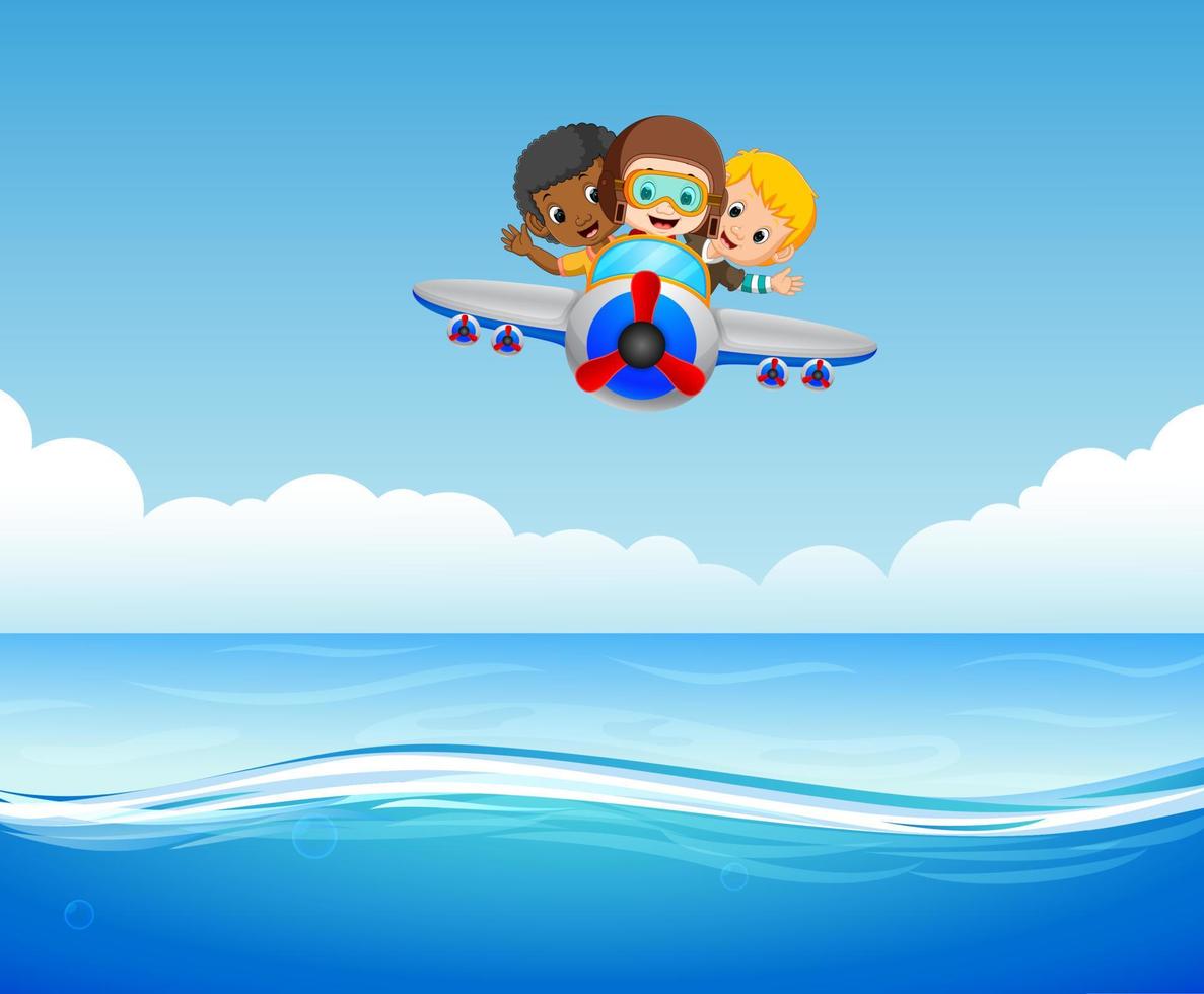 three boys riding plane over sea vector